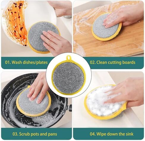 6 pcs Double-Sided Dishwashing Sponges: Round Nylon-Filament Scrubbing Pads Ideal for Cleaning Dishes/Pots/Pans/Sink, and Basin in The Kitchen(Yellow) in Saudi Arabia