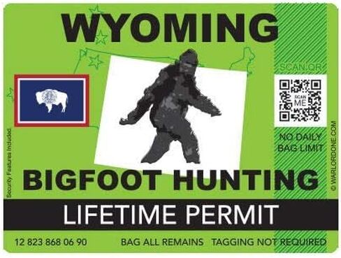 Wyoming Bigfoot Hunting Permit Sticker Die Cut Decal Sasquatch Lifetime 5" Bumper Locker Laptop Window - Sticks to Any Surface in Saudi Arabia