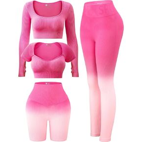 FINETOO Women's 4 Piece Workout Outfits Ribbed Seamless Long Sleeve Crop Sports Tops Tank High Waist Yoga Leggings Sets