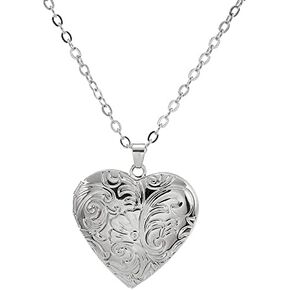 Heart Locket Necklace, Engraved Flowers Memorial Photo Locket Chain Necklace with Picture Locket Pendant Heart Necklace for Women Girls