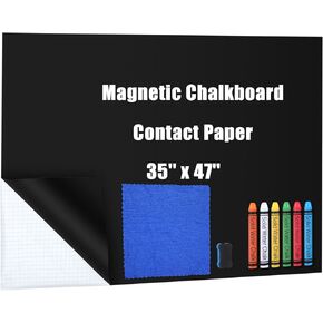 Magnetic Chalkboard Contact Paper, Self Adhesive Chalk Black Board Wallpaper, 35 x 47 Inch Blackboard Sheet Sticker Roll for Wall School Home with Water Chalk, Eraser, Wiping Cloth