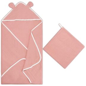 Zainpe Muslin Baby Hooded Towel & Washcloth Set Soft Absorbent Bath Towel Blanket with Cute Bear Ears Cotton Towels Infant Shower Gifts for Newborn Essential Toddler Boys Girls 31.5 x 31.5 in