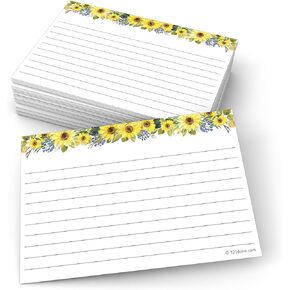 321Done Sunflower Index Cards - Made in USA - Small 3x5 (Set of 50), Narrow-Ruled Lined Notecards Double-Sided, Thick Heavy Duty Cardstock, Cute Pretty Sun Flowers Floral on White Ruled Lines