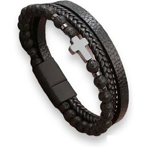 Tiger Eye Beaded Multi Layer Leather Bracelet (Cross Black)