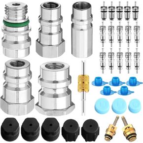 31 Pcs Car Air Conditioning Valve Core Kit R134a to R12 Refrigeration Valve Stem Cores Repair Kit Retrofit Conversion Adapter Fitting Kit with Dust Cap Valve Core Remover(Gold)