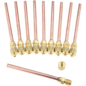 10PCS HVAC Service Access Valve，Schrader System Vacuum 4.72" Copper Filling Access Valves + Core & Cap Remover 1/4" SAE x 1/4" OD x 4" stem AC Refrigeration Kit