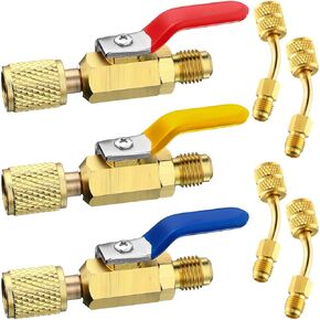 Mudder 7 Pcs Air Conditioning Refrigerant Compact Ball Valve 1/4 Inch for R410A R134A R12 R22 HVAC Adapter 5/16Inch Female to 1/4Inch Male Flare (3 Angle Ball Valve, 4 Straight Adapter)