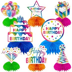 Rainbow Birthday Decorations Table Centerpieces, Iridescent Colorful Theme Birthday Honeycomb Centerpiece Party Supplies for Boys Girls, Holographic Happy Birthday Table Topper Decor