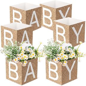 6 Pcs Burlap Print Baby Shower Party Decorations Baby Flower Boxes Centerpiece Rustic Burlap Table Display with Letters for Gender Reveal Party Gender Neutral Baby Shower Centerpiece Decor