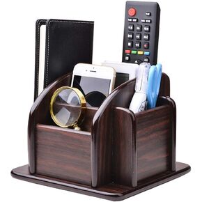 YCOCO Wooden Remote Control Holder,TV Remote Holder for Table,360°Rotatable Office Supplies Storage Organizer,6 Compartments Pencil Holder for Desk,Brown