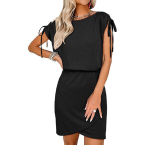 Dokotoo Womens 2024 Summer Dress Drawstring Cap Sleeve Crew Neck Wrap Bodycon Dresses Mini Short Dress