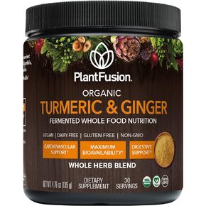 PlantFusion Turmeric and Ginger Drink Mix - Fermented Whole Food Nutrition, Herbal Supplement Powder with Curcuminoids - USDA Certified Organic, Non-GMO, Vegan, Gluten-Free, 4.76 oz 30 Servings