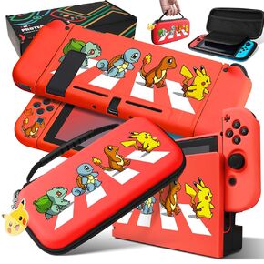 Xcitifun Carrying Case Compatible with Nintendo Switch, Protector Joy-Con Case & Dock Cover & Travel Bag Case & Keychain 7 in 1 Accessories Kit Set Switch Carry Cases for Boys Girls Kids - Red Poke