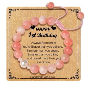 First Birthday Gifts for Girls,Pink Stones Bracelet as 1 Year Old Girl Gifts for Granddaughter Daughter Niece,One Year Old Girl 1st Birthday Gifts Adjustable Length Pearl Bracelet Trendy 2024