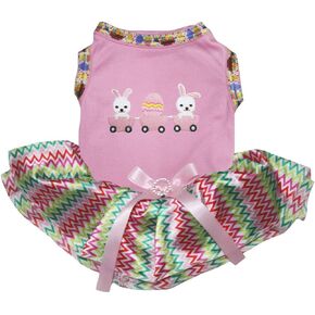 Petitebella Bunny Egg Train Puppy Dog Dress (Blue Dots/Chevron Lace, X-Small)