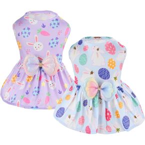 Vehomy 2Pcs Easter Day Dog Dresses Bunny Carrot Easter Egg Pattern Puppy Dress with Bow Dog Easter Skirt Holiday Outfit Pet Dog Easter Apparel Clothes for Small Medium Dogs Cats L