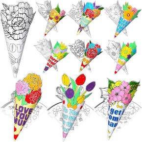 Qyeahkj 36PCS Color Your Own Mother's Day Bouquet Happy Mother's Day DIY Flower Card Paper Crafts Kit Bulk for Kid Best Mom Ever Coloring Flower Ornament Gifts for Mom Fun Home School Activities