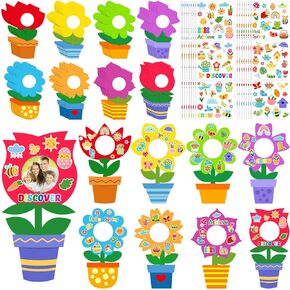 96 Pcs Spring Flower Picture Frame Crafts for Kids DIY Handprint Flower Pot Hand Keepsake Picture Frame Craft Gifts with Stickers for Spring Party Kids Classroom Home Activities