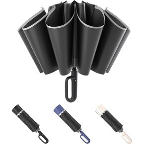 KAYLEINSTER Inverted Umbrella with Carabiner Clip Handle, Automatic Large Reverse Umbrellas for Rain and Sun with Reflective Strip,10 Ribs Windproof Travel Compact Umbrella for Men Women