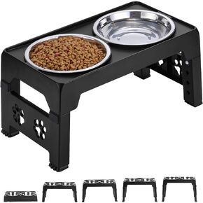 Elevated Dog Bowls, Raised Dog Bowl with 2 Stainless Steel Dog Food Bowls &1 Slow Feeder Dog Bowls, Adjustable Dog Bowls Stand with 5 Heights for Medium Large Dogs, Non-Slip, Grey