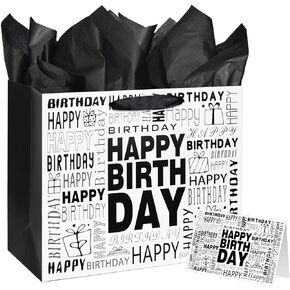 13" Large Black and White Happy Birthday Gift Bag with Tissue Paper and Card for Men Women Birthday