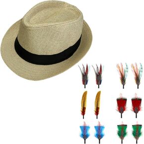 FALETO Unisex Summer Panama Straw Fedora Hat Bundle with 12 Pcs Hat Feathers