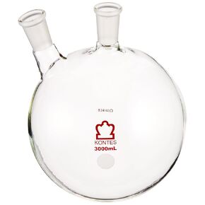 Kimble Chase KIMAX 605020-2224 Borosilicate Glass Two-Neck Round Bottom Distilling Flask, Side Neck Angled, 3000 ml Capacity