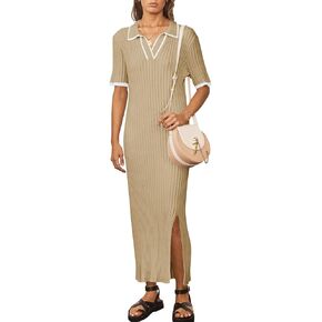 Saodimallsu Womens Maxi Knit Dress Short Sleeve Bodycon V Neck Collared Side Slit Color Block Ribbed Sweater Dresses