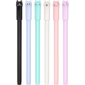 6 Pack Colorful Cat Pens Kawaii Gel Pens 0.5mm Black Ink Ballpoint Pens for School Supplies