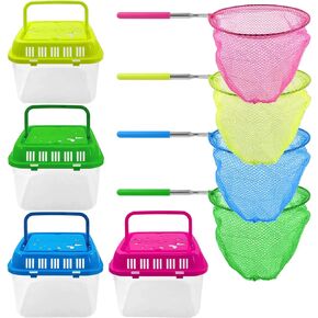 4Sets Catch and Release Plastic Beach Aquarium Kit,Great Concept for Catching and Release,Clear and Transparent Portable Handheld Tank with Retractable net Bag for Beach, Pool and Lake