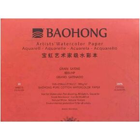 BAOHONG Artists' Watercolor Paper Block (20 Sheets, glued on Four Edges), 100% Cotton, Acid-Free, 140LB/300GSM, Watercolor Art Supplies for Wet, Dry, and Mixed Media Painting (HOT Press 9"X12.2")