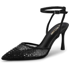 PIZZ ANNU Women's Cienna High Heels Sexy Stiletto Pumps Closed Toe Mesh Sparkly Rhinestones Ankle Strap Dress Wedding Party Pumps Shoes