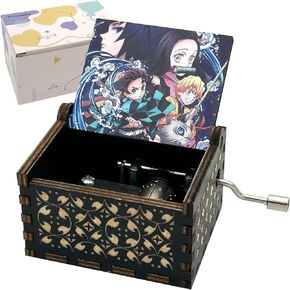 Pursuestar Demon Slayer Merch Wood Music Box, Hand Crank Vintage Engraved Wooden Musical Box for Anime Fans Son Daughter Boys Christmas Birthday Gift