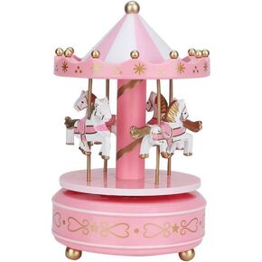 Schoolsupplies New Pink Wooden Merry Go Round Carousel Classic Music Box Kids Girls Gift Toy