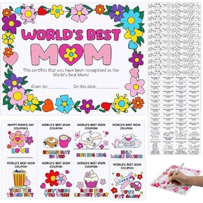 24 Sets Color Your Own World's Best Mom Certificate Award and Mothers Day Coupon Cards, Kids DIY Crafts Kit Gift Favor Card for Anniversary Mother's Day Birthday Gift Home Activities