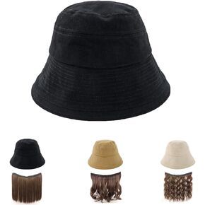 Women's Summer Bucket Hat Wig, Wide Brim Sun Protection, Lightweight Cotton,Hat with Hair Attached via Magic Tape
