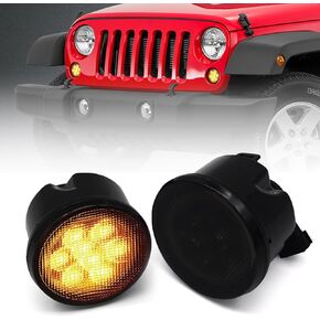 Turn Signal Lights Smoked Lens for Jeep Wrangler 2007-2018 JK JKU Amber LED Front Blinkers Grill Indicator Parking Lights (Honycomb Style)