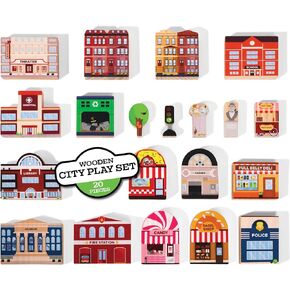 20 Pc Wooden City Play Set - Wooden Town Buildings and Street Signs for Play Mats, Toy Cars and Trains - Educational Preschool Track Accessories - Construction Stacking Blocks Learning Toddler Toys