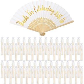 Tatuo 100 Pcs Wedding Party Favors White Silk Wedding Foldable Hand Fans with Organza Bag Bridesmaid Gift with Thanks for Celebrating with Us Bridal Hand Fan for Wedding Gift Dancing Props Party Decor in Kuwait