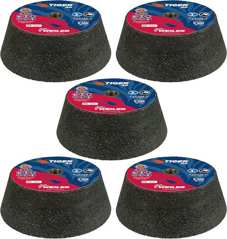 Weiler 68360 Tiger AO Type 11 Flaring Cup Wheel, AC16-Q, 6/4-3/4 x 2 x 5/8-11, Rim 1.5", Back 3/4", (Pack of 5) in Kuwait