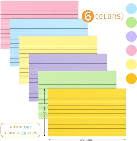 700 ورقة بطاقات فهرسة ملونة مع 2 حامل بطاقات فهرسة، بطاقات فهرسة مسطرة 3 × 5، بطاقات دراسة للتعلم المدرسي واللوازم المكتبية، 6 ألوان in Kuwait
