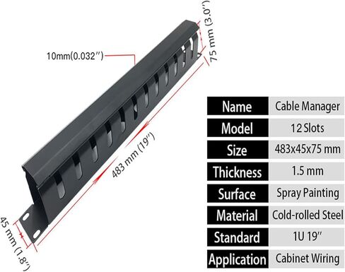 10Gtek 1U 19" Cable Manager Horizontal Rack Mount 24 Slot Metal Finger Duct Wire Organizer with Cover and Mounting Screws for Server Rack in Kuwait