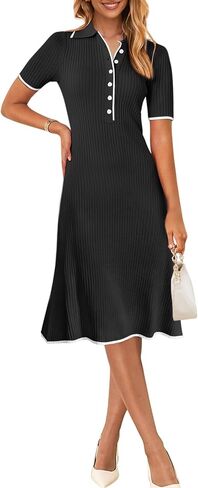 MEROKEETY Women's V Neck Ribbed Knit Midi Dress Short Sleeve Button Elegant Bodycon Sweater Dresses in Saudi Arabia