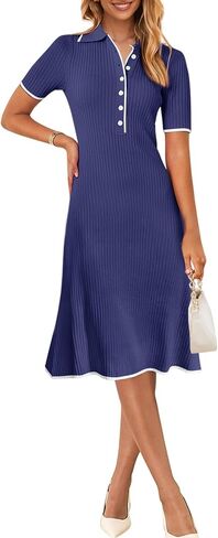MEROKEETY Women's V Neck Ribbed Knit Midi Dress Short Sleeve Button Elegant Bodycon Sweater Dresses in Saudi Arabia