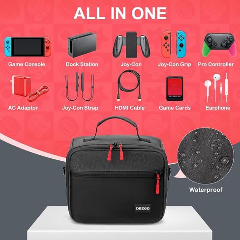 حقيبة حمل DEEGO لجهاز Nintendo Switch/OLED/Lite، حقيبة سفر واقية مقاومة للماء مع 18 فتحة لبطاقة الألعاب، حقيبة سفر ذات هيكل ناعم لجهاز Nintendo Switch & Accessories Dock in Kuwait
