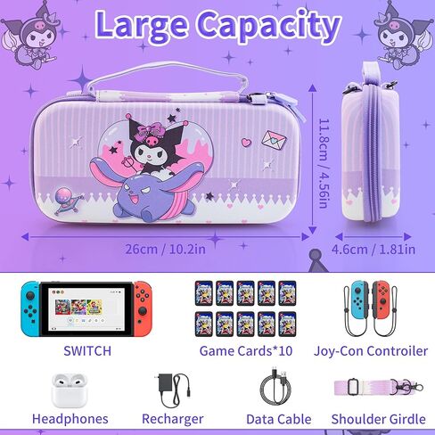 موضوع أساسي لحقيبة حمل Kuromi لجهاز Switch OLED، مجموعة ملحقات أرجوانية مقاومة للصدمات مع غطاء لطيف للسفر OLED، غلاف حماية صلب من البولي كربونات، واقي شاشة، حزام كتف وغطاءين للإبهام in Kuwait