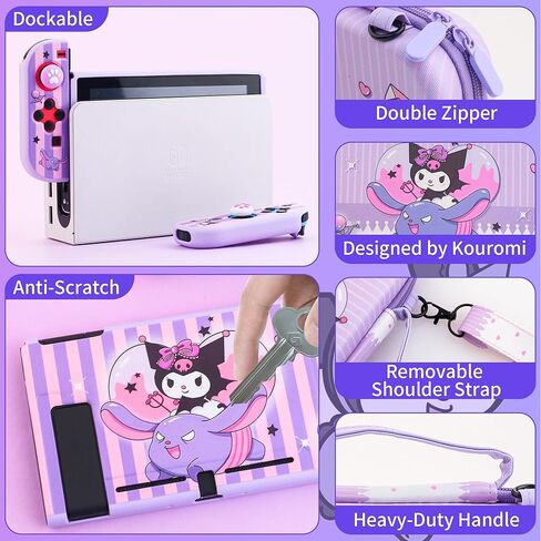 موضوع أساسي لحقيبة حمل Kuromi لجهاز Switch OLED، مجموعة ملحقات أرجوانية مقاومة للصدمات مع غطاء لطيف للسفر OLED، غلاف حماية صلب من البولي كربونات، واقي شاشة، حزام كتف وغطاءين للإبهام in Kuwait