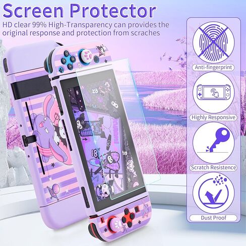 موضوع أساسي لحقيبة حمل Kuromi لجهاز Switch OLED، مجموعة ملحقات أرجوانية مقاومة للصدمات مع غطاء لطيف للسفر OLED، غلاف حماية صلب من البولي كربونات، واقي شاشة، حزام كتف وغطاءين للإبهام in Kuwait