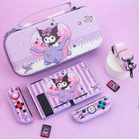 موضوع أساسي لحقيبة حمل Kuromi لجهاز Switch OLED، مجموعة ملحقات أرجوانية مقاومة للصدمات مع غطاء لطيف للسفر OLED، غلاف حماية صلب من البولي كربونات، واقي شاشة، حزام كتف وغطاءين للإبهام in Kuwait