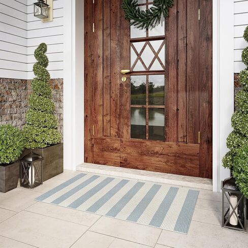 LEEVAN Front Door Rug 24'' x 35'', Machine Washable Blue Outdoor Rug Entryway Rugs, Indoor Striped Rug Cotton Hand-Woven Small Area Rug Outdoor Mats for Porch/Farmhouse/Home Entrance in Kuwait